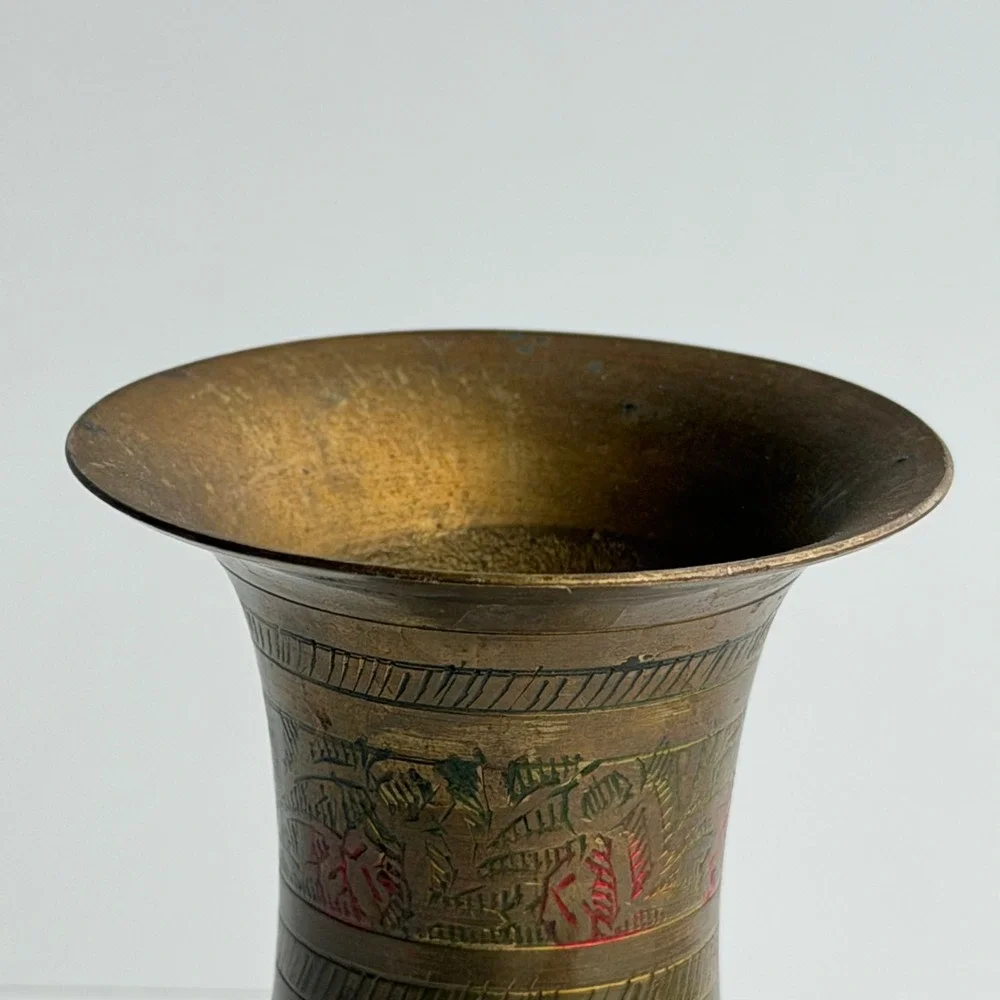 Vintage Etched Brass Vase Gold Red Floral Boho Hand‎ Crafted India Old World